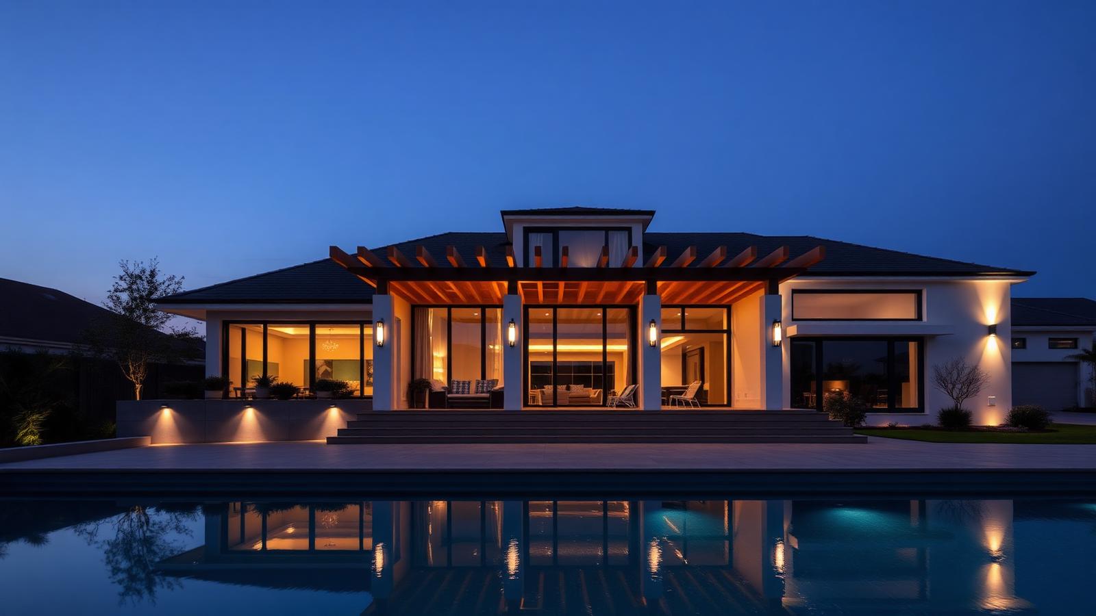 Casa moderna com pergolado de madeira plástica ao entardecer