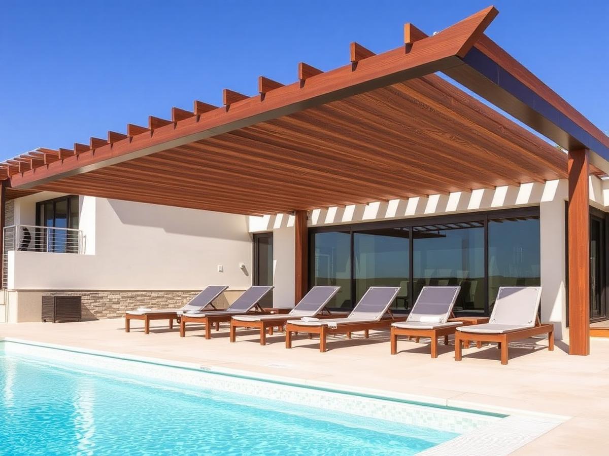 Pergolado próximo à piscina em madeira plástica